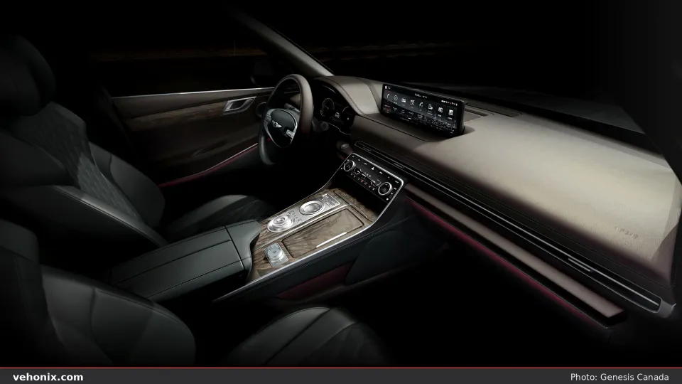 2026 Genesis GV80 dark quilted leather cabin with wood console and wide display
