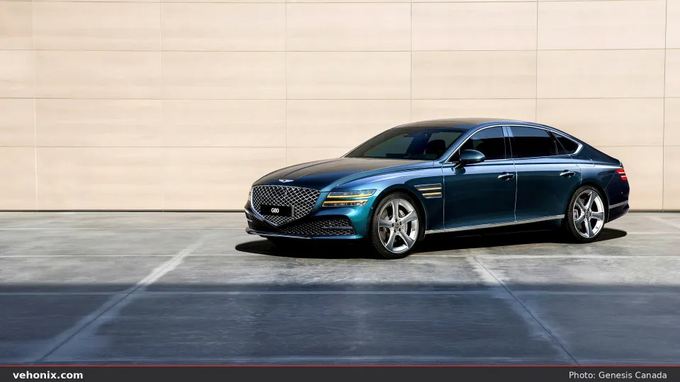 2026 Genesis G80 in teal, full side profile on sunlit concrete