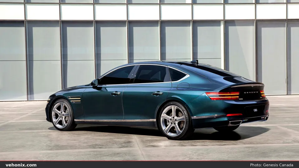 2026 Genesis G80 in teal, rear three-quarter showing two-line taillights