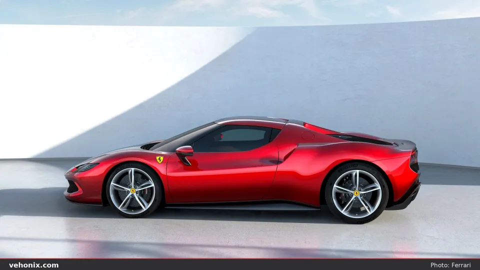 2026 Ferrari 296 GTB in red, full side profile studio view