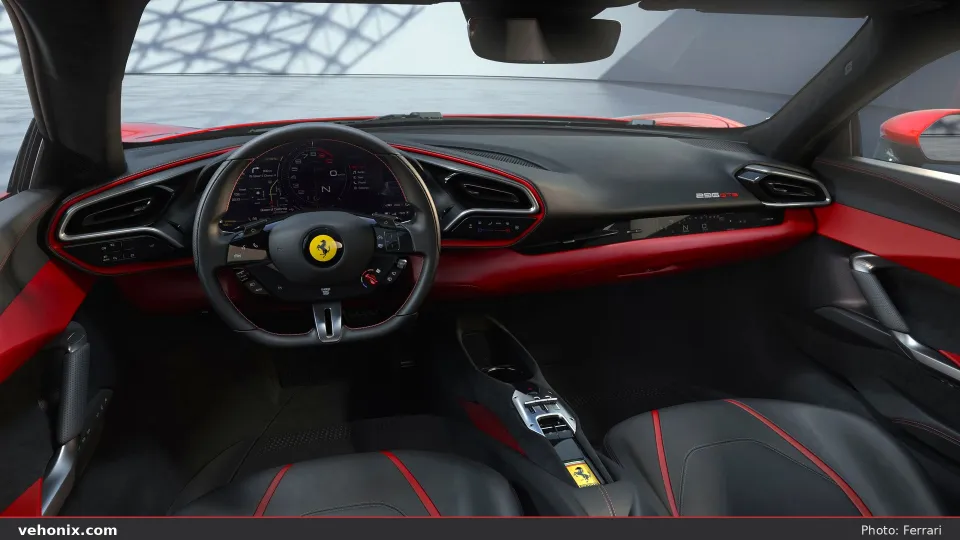 2026 Ferrari 296 GTB cabin from passenger side with black and red trim