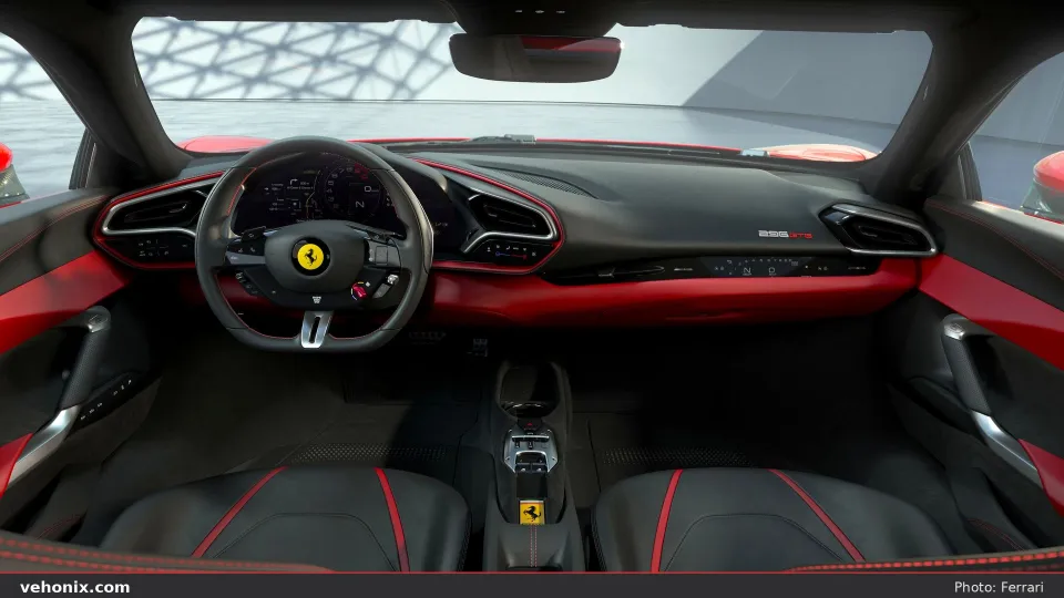 2026 Ferrari 296 GTB cabin looking forward over front seats