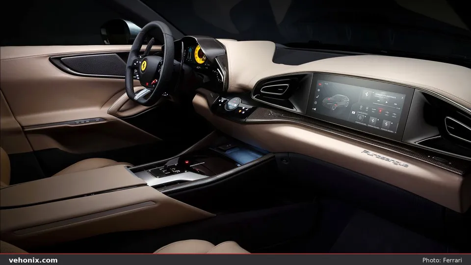 2026 Ferrari Purosangue front cabin dual-cockpit with tan leather