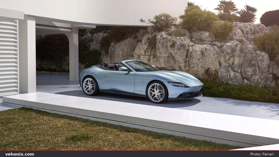 2026 Ferrari Roma Spider in Celeste blue, side profile top down