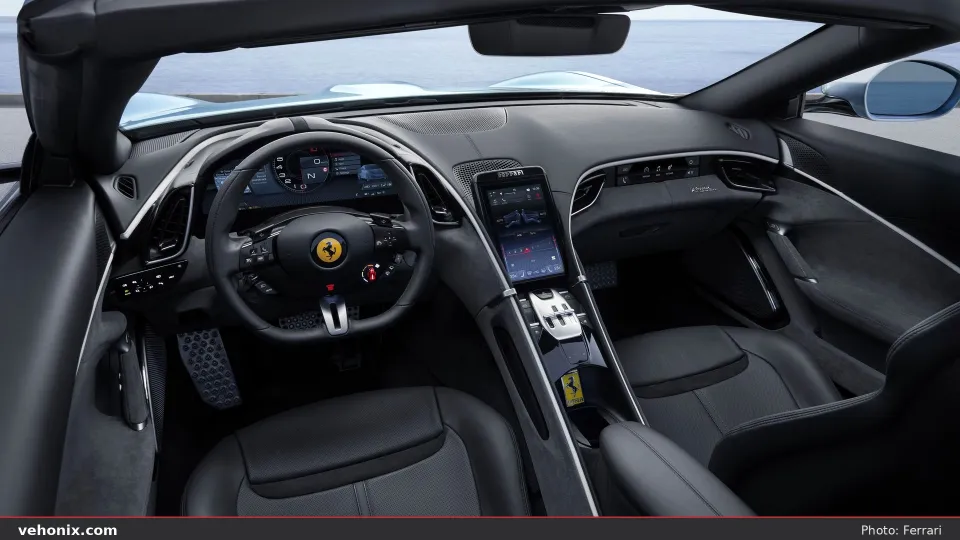 2026 Ferrari Roma Spider cockpit with dark leather and central touchscreen