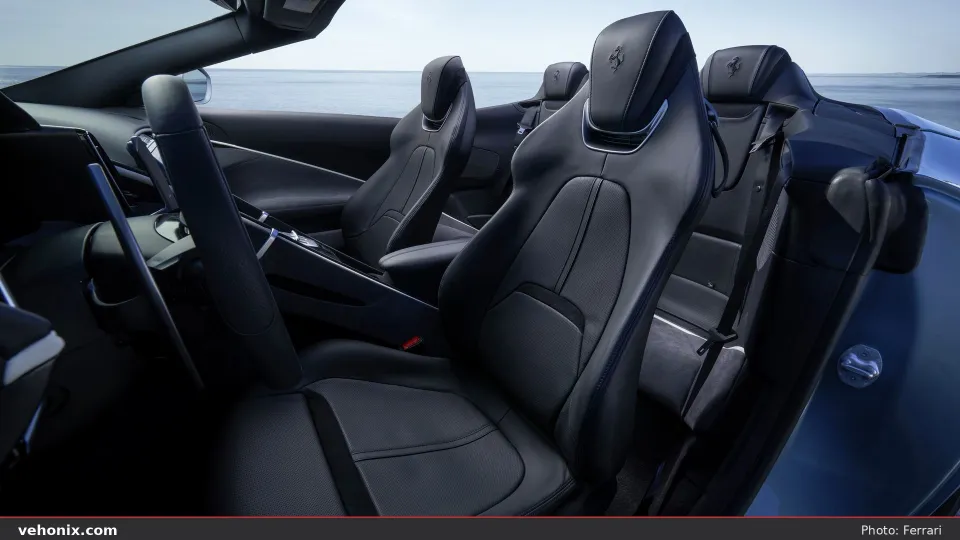 2026 Ferrari Roma Spider cabin seats with embossed Ferrari headrests