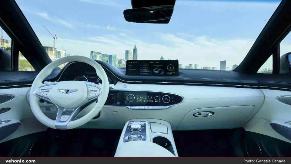 2026 Genesis Electrified GV70 white cockpit with steering wheel and wide display