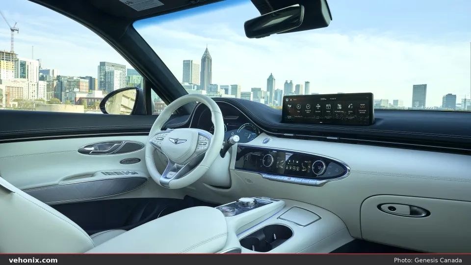 2026 Genesis Electrified GV70 front cabin in white leather with city skyline ahead