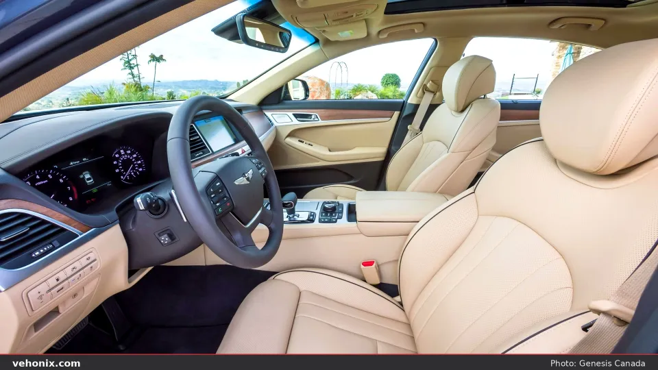 Genesis G80 front cabin in cream leather with wood trim and sunroof open