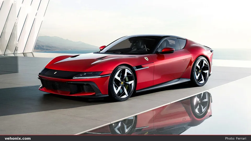 2026 Ferrari 12Cilindri in Rosso Imola, front three-quarter outdoor view