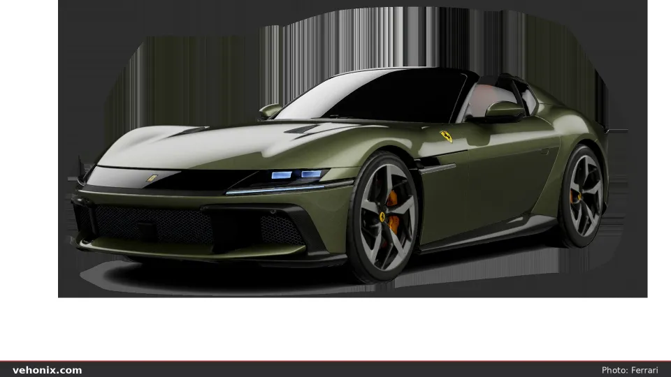 2026 Ferrari 12Cilindri Spider in metallic green, front three-quarter view