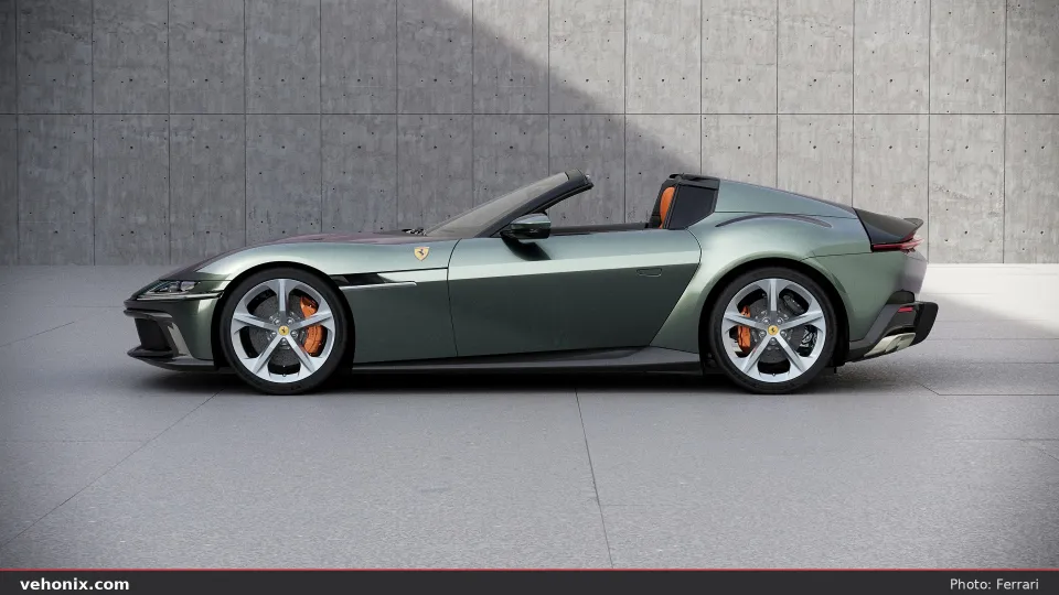 2026 Ferrari 12Cilindri Spider in metallic green, side profile top down