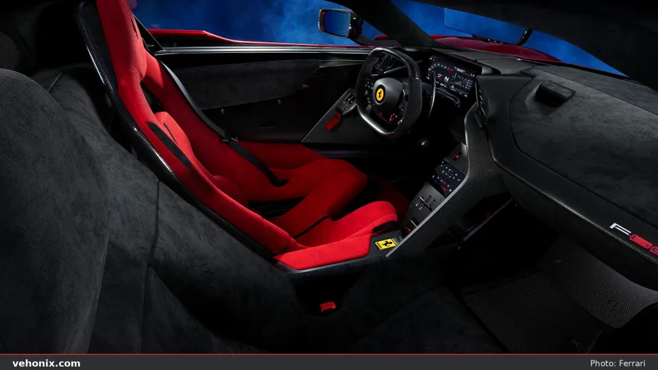 2026 Ferrari F80 asymmetric cabin with red driver and black passenger seats