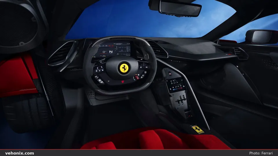 2026 Ferrari F80 driver cockpit with squared steering wheel and displays