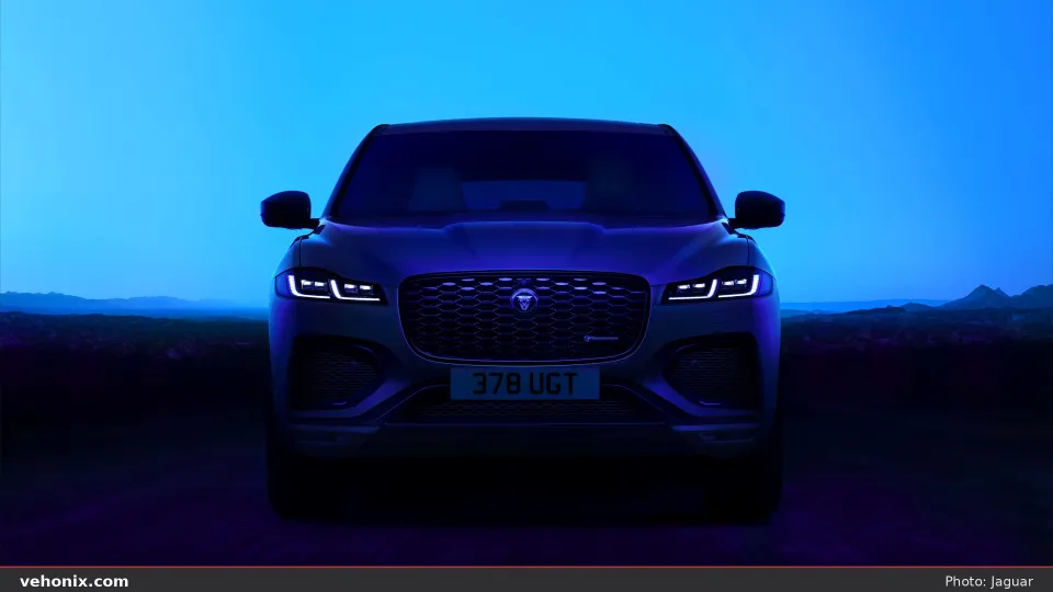 2026 Jaguar F-Pace R-Dynamic, head-on front exterior under blue studio light