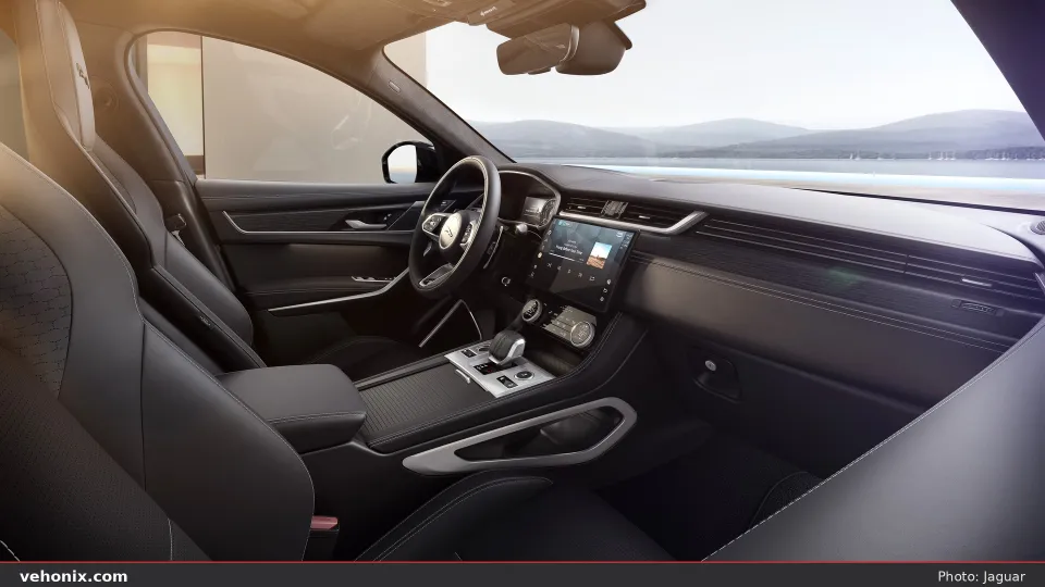 2026 Jaguar F-Pace P400 cabin with black seats and centre touchscreen