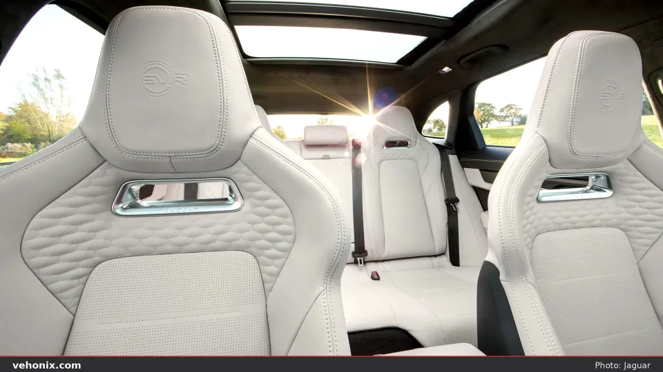 2026 Jaguar F-Pace P550 SVR Light Oyster seats with embossed SVR logos