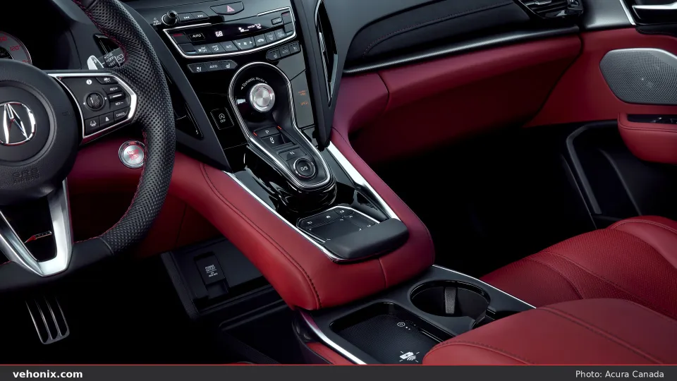 2026 Acura RDX SH-AWD A-SPEC cabin with red leather seats and centre console