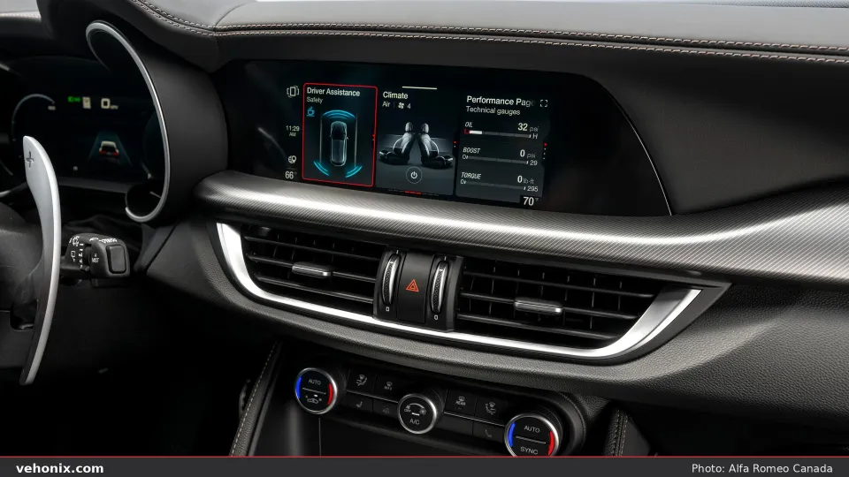 2026 Alfa Romeo Stelvio Intensa center stack with infotainment screen and climate controls