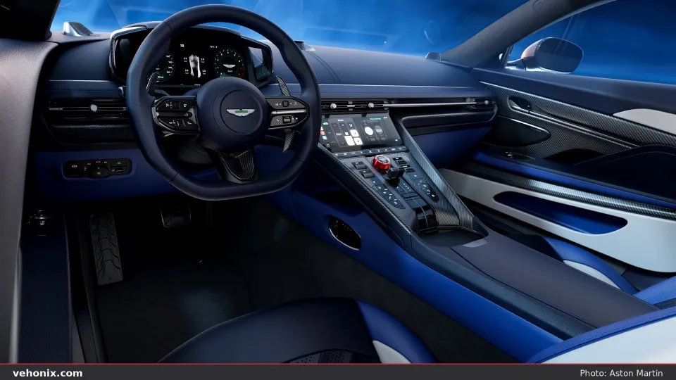 2026 Aston Martin DB12 S cockpit with navy and white leather and carbon-fibre console