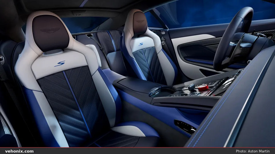 2026 Aston Martin DB12 S front sport seats in navy and white with quilted centre panels