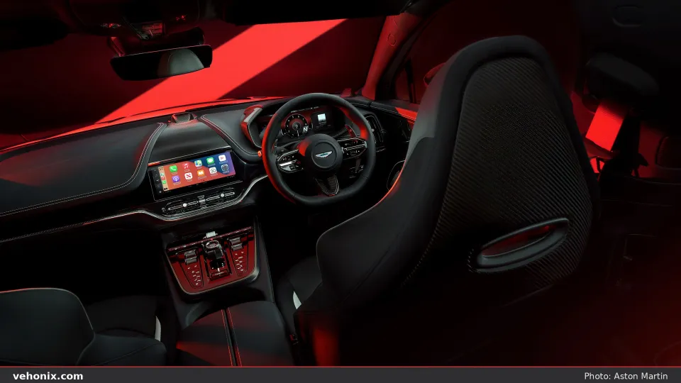 2026 Aston Martin DBX S dashboard, steering wheel and centre touchscreen from cabin