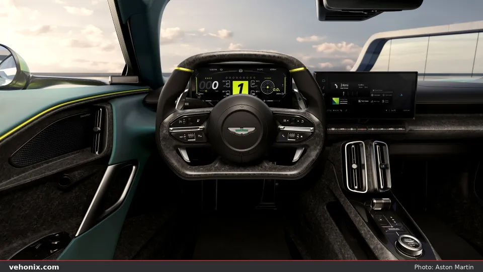 2026 Aston Martin Valhalla driver cockpit with rectangular steering wheel and digital displays