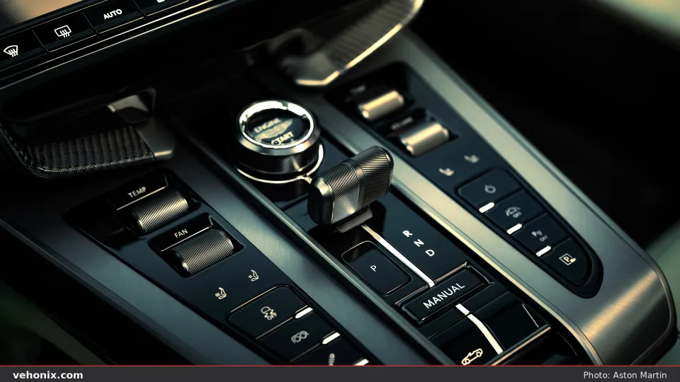 2026 Aston Martin Vanquish Volante centre console with start button, gear selector and rollers