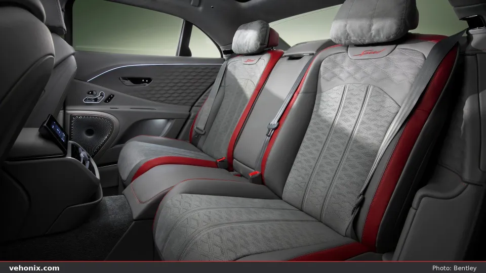 2026 Bentley Flying Spur rear seats in grey quilted upholstery with red accents