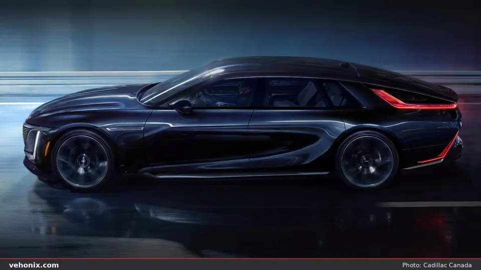 2026 Cadillac CELESTIQ in dark paint, side profile with motion blur at night