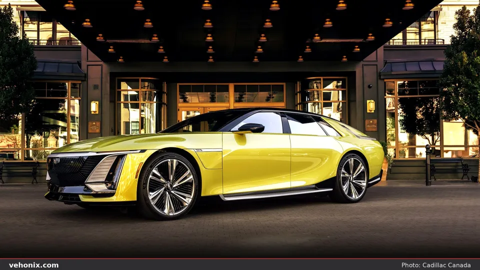 2026 Cadillac CELESTIQ in lime yellow, front three-quarter under a lit canopy