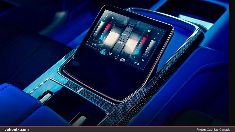 2026 Cadillac CELESTIQ rear console touchscreen with climate controls and blue trim