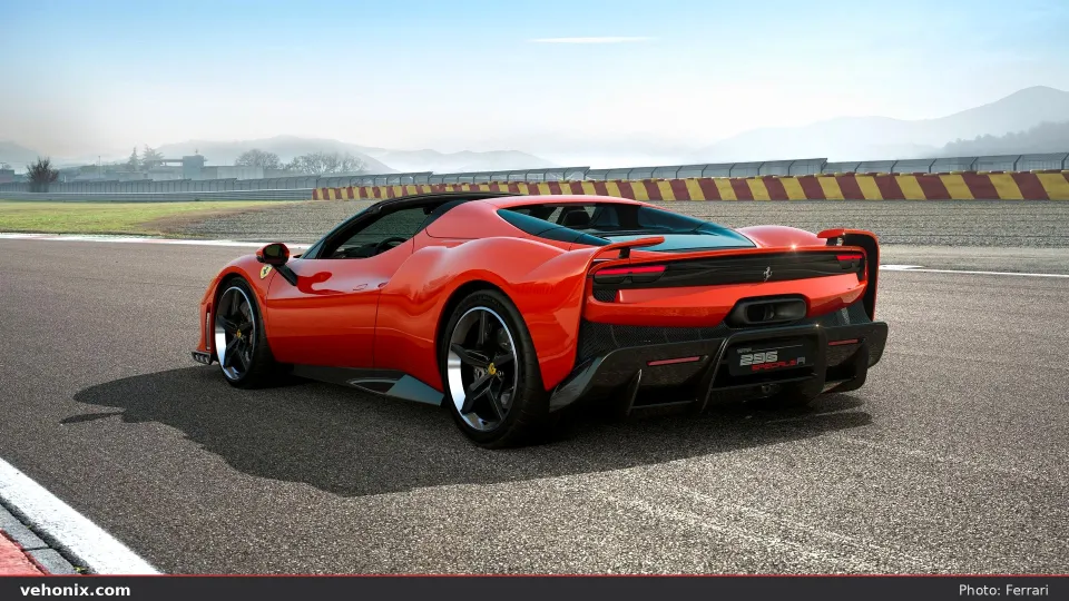 2026 Ferrari 296 Speciale A in orange-red, rear three-quarter top down