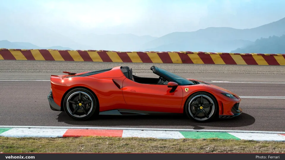 2026 Ferrari 296 Speciale A in orange-red, side profile on track
