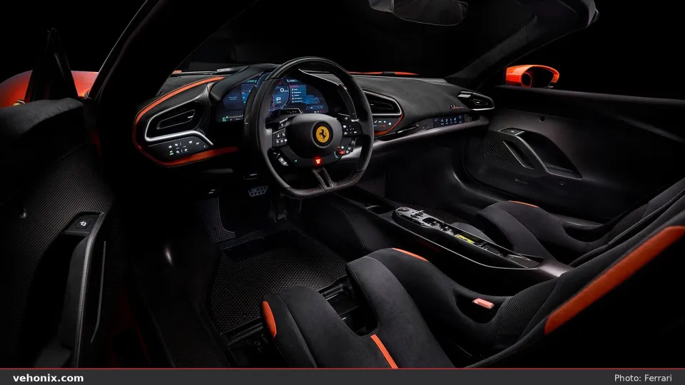 2026 Ferrari 296 Speciale A cabin with black seats and orange accents