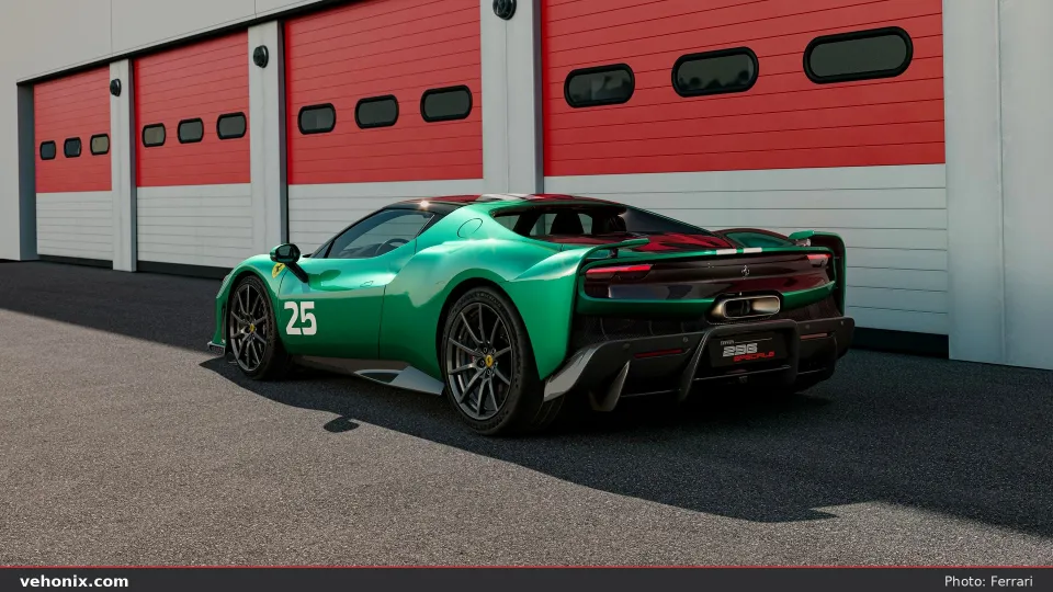 2026 Ferrari 296 Speciale in green number 25, rear three-quarter at pit building