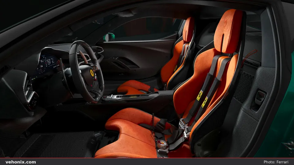 2026 Ferrari 296 Speciale cabin with orange racing seats and harnesses