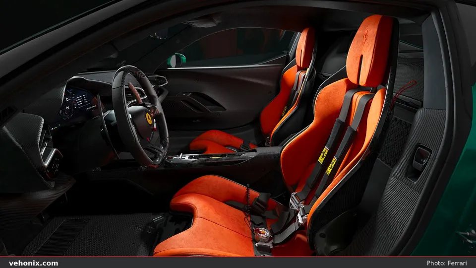 2026 Ferrari 296 Speciale cabin focus on orange bucket seats