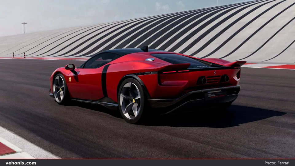 2026 Ferrari 849 Testarossa in Rosso, rear three-quarter with wing raised