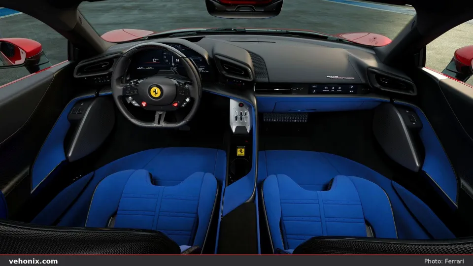2026 Ferrari 849 Testarossa cabin with blue driver seat and black passenger area