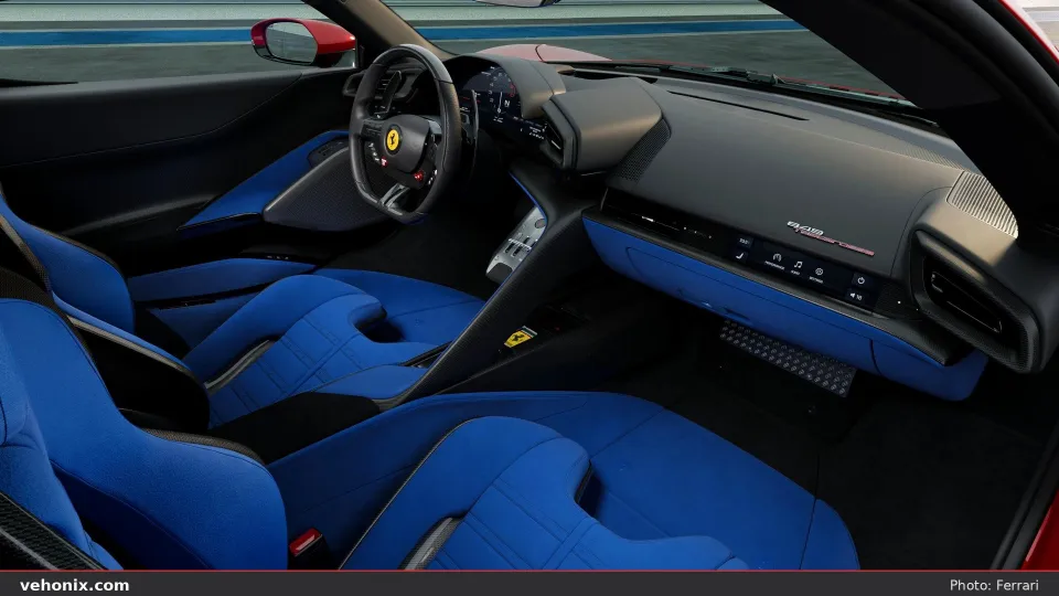 2026 Ferrari 849 Testarossa cockpit dash with blue trim and digital displays
