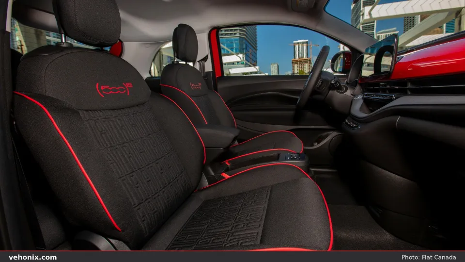 2026 Fiat 500e (RED) front seats with red piping and (500)RED headrest logo