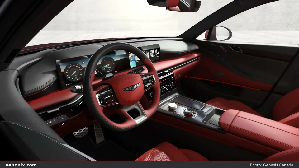 2026 Genesis G80 cabin with burgundy dash, cream seats and wide panoramic display