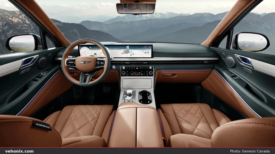 2026 Genesis GV80 tan quilted cabin with panoramic dual display and mountain view