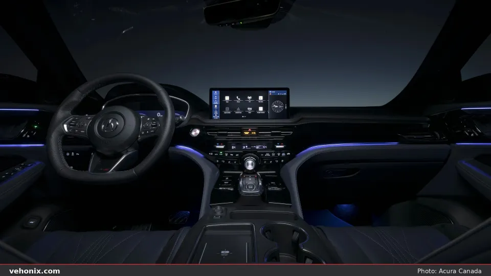 2026 Acura MDX SH-AWD Type S dashboard and cabin with blue ambient lighting
