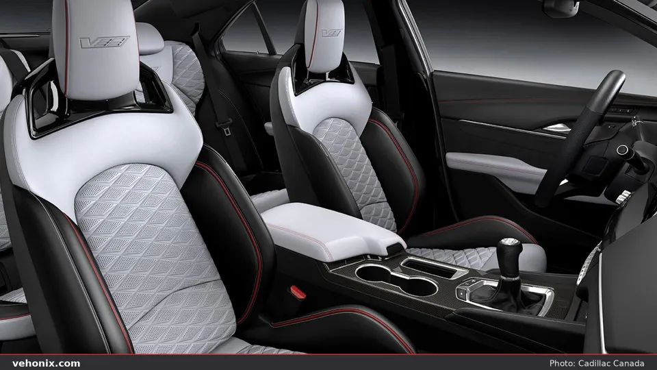 2026 Cadillac CT4-V two-tone quilted performance seats and carbon-fiber console