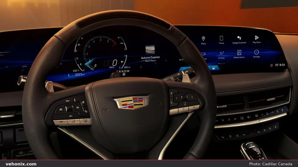 2026 Cadillac CT5 driver display and steering wheel with paddle shifters