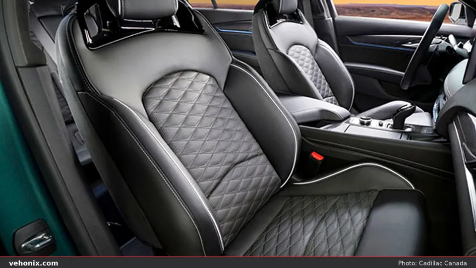 2026 Cadillac CT5-V black leather seats with quilted light inserts and white piping