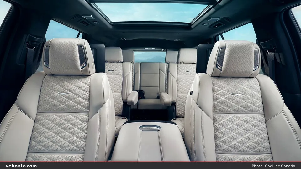 2026 Cadillac Escalade three-row quilted seating with panoramic glass roof