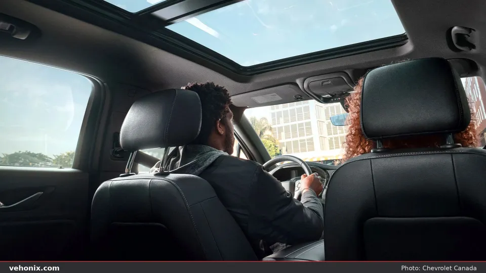 2026 Chevrolet Blazer cabin with panoramic sunroof looking forward from rear seats